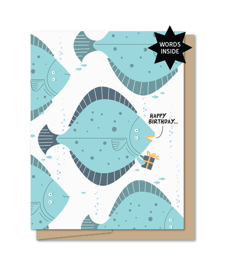 Illustration of a blue halibut fish holding a gift with text Happy Birthday on a greeting card