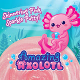 Bright pink shimmering putty with a cute cartoon axolotl holding a blue orb underwater background
