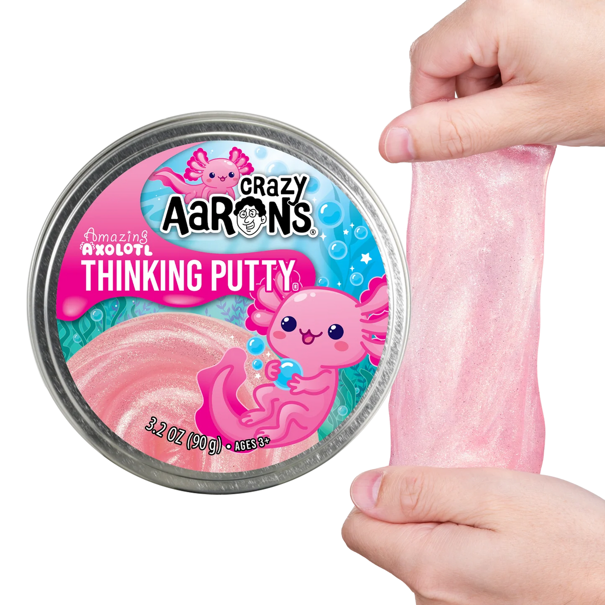 Shimmering pink Amazing Axolotl Thinking Putty being stretched beside its colorful tin packaging with playful axolotl design.