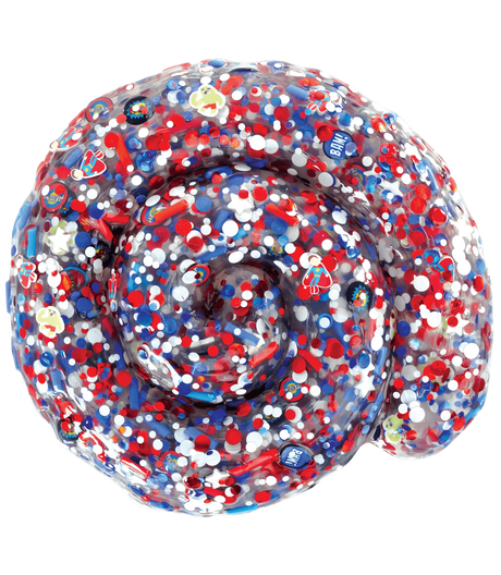 Trendsetters Comic Book Thinking Putty with colorful confetti and comic-inspired pieces in a stretched spiral shape.