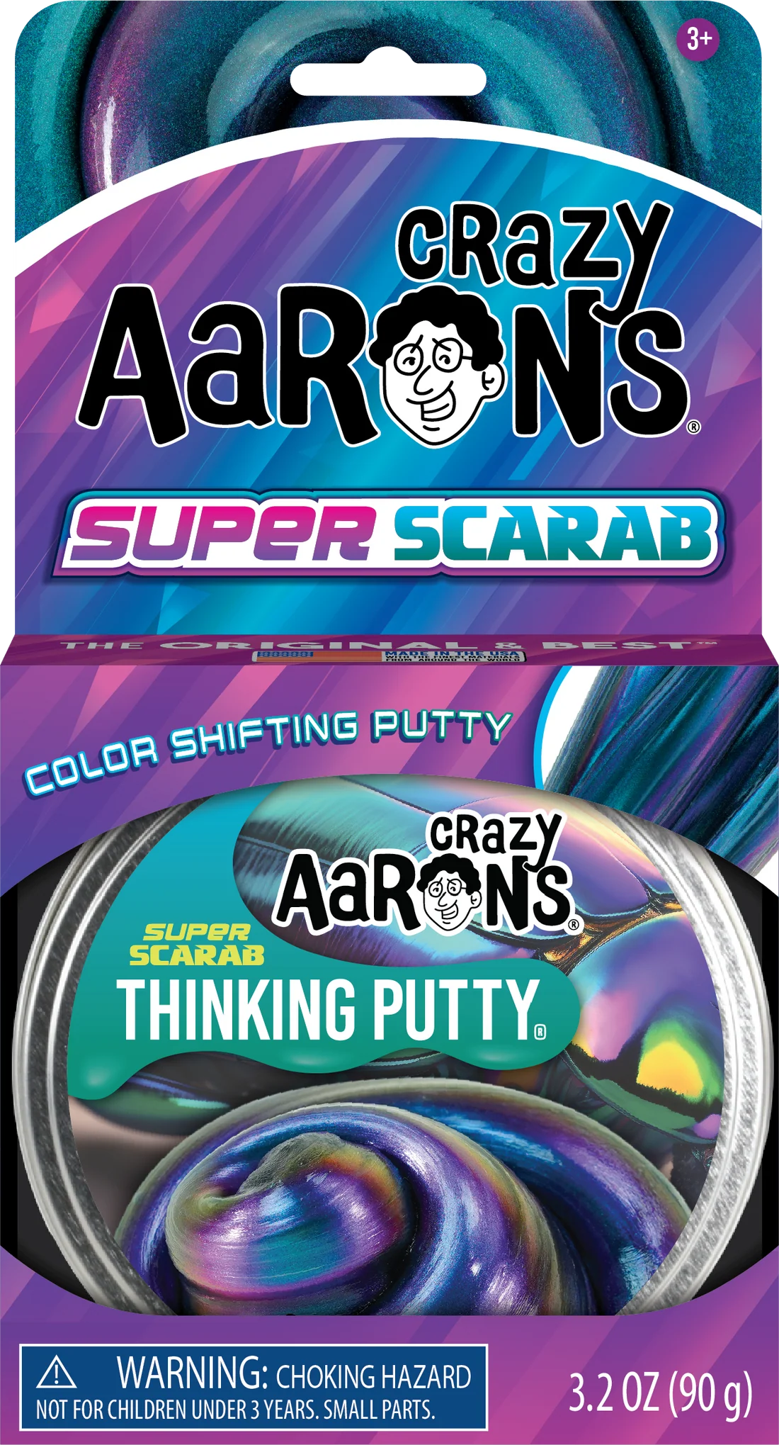 Color shifting putty with swirling metallic hues of purple, blue, green, and gold in round packaging and colorful branded box design