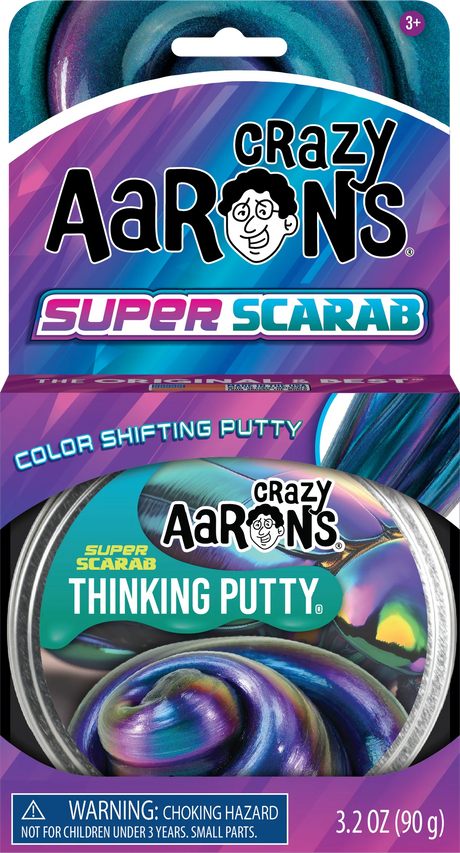 Color shifting putty with swirling metallic hues of purple, blue, green, and gold in round packaging and colorful branded box design
