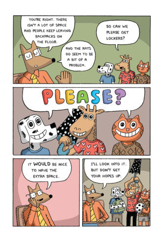 Mr Wolf's Class #2: Mystery Club comic panel showing animal characters discussing lockers and space in the classroom.