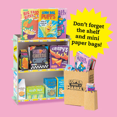 Super Mini Market papercraft with colorful mini grocery packages and display shelves, perfect for crafting and play.