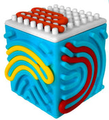 Blue silicone cube toy with colorful bendable noodles woven through fun pathways for creative play and storage.