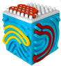 Blue silicone cube toy with colorful bendable noodles woven through fun pathways for creative play and storage.