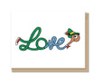 Illustration of Lowly Worm forming the word Love with his body on a white background greeting card