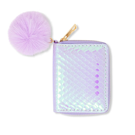 Shiny Purple Mermaid Scale Wallet with fluffy pom pom and gold zipper