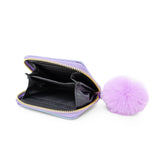 Shiny Purple Mermaid Scale Wallet open with a fluffy purple pom pom