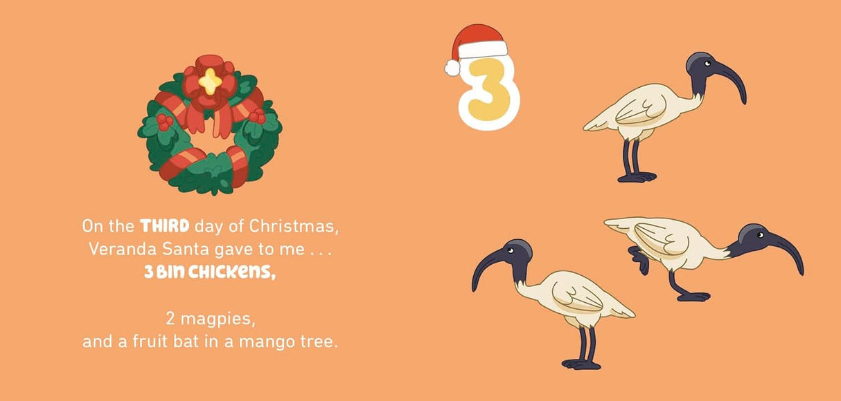 Bluey 12 Days of Christmas book page showing three bin chickens, two magpies, and a fruit bat in a mango tree