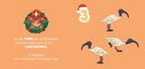 Bluey 12 Days of Christmas book page showing three bin chickens, two magpies, and a fruit bat in a mango tree