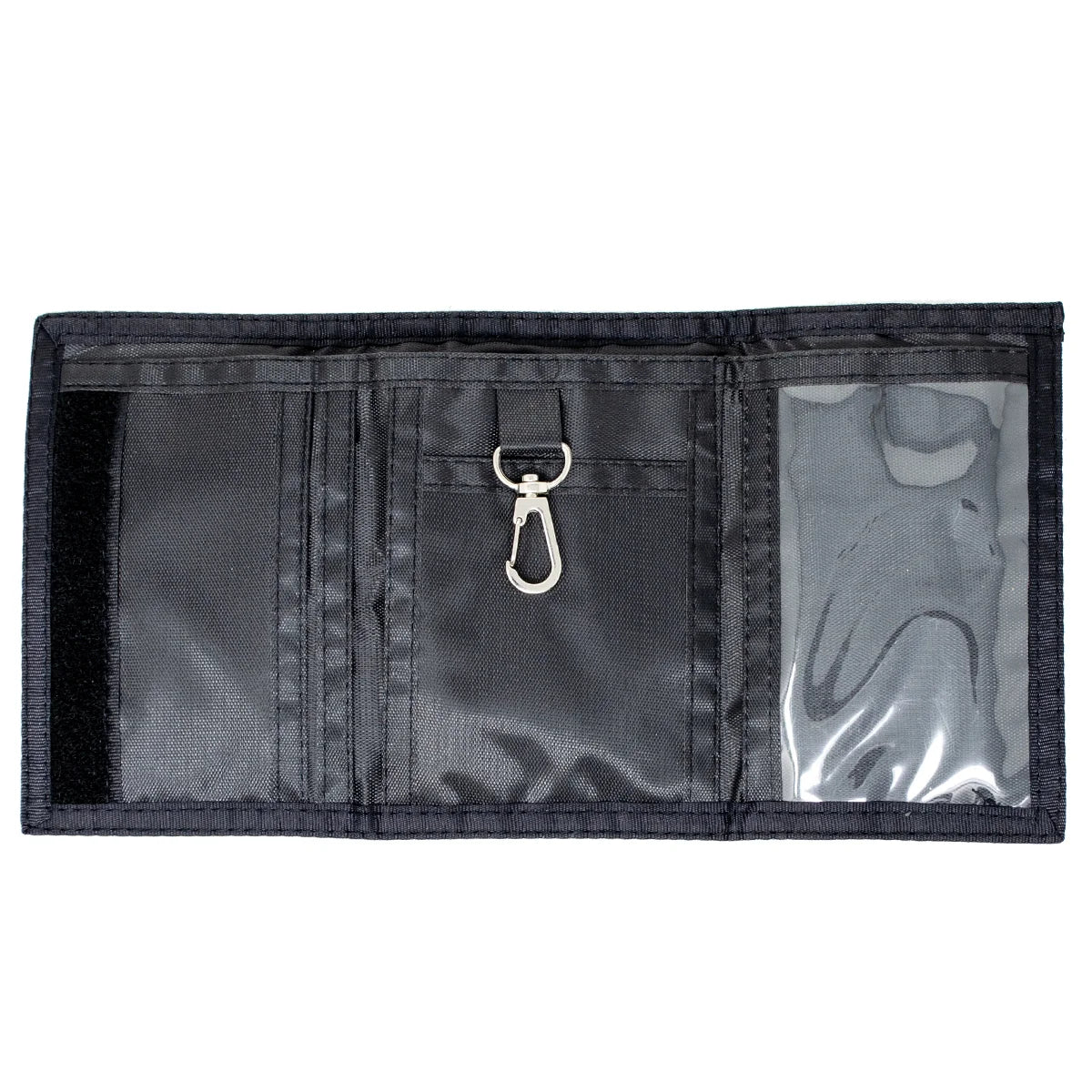 Camo Wallet open with card slots clear ID window and key clip