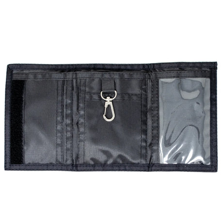 Camo Wallet open with card slots clear ID window and key clip