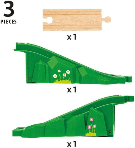 Three-piece arch bridge set with green supports featuring floral details and a wooden track section for train layouts