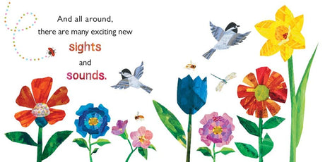 Spring Sings for The Grouchy Ladybug with bright flowers, birds, bees, and springtime collage illustrations by Eric Carle.
