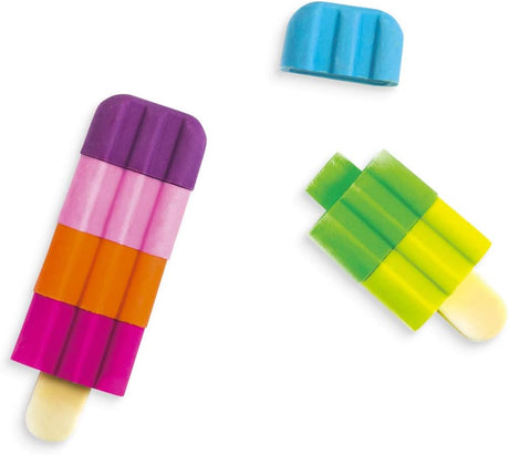 Icy Pops Puzzle Erasers in bright colors shaped like mix-and-match ice cream popsicles for cute pencil erasers.