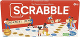 Scrabble classic crossword board game box with wooden letter tiles and players around a colorful game board