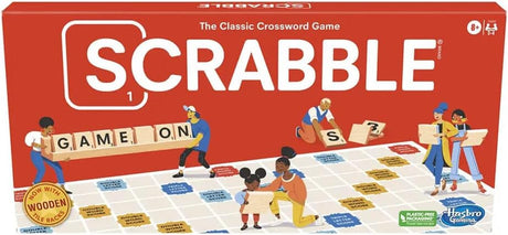 Scrabble classic crossword board game box with wooden letter tiles and players around a colorful game board