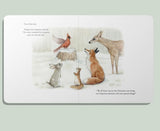Open board book showing woodland animals and gentle illustrations promoting early language for babies and toddlers