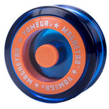 Blue and orange Yomega Magnetar yo-yo featuring roller bearing technology for longer spin times