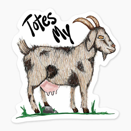Hand-drawn spotted goat standing on grass with the text "Totes My" above in playful handwriting style