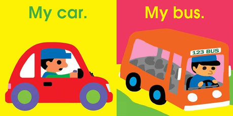 Beep! Beep! Vehicles on the Go showing colorful illustrations of a red car and an orange bus with drivers for young children.