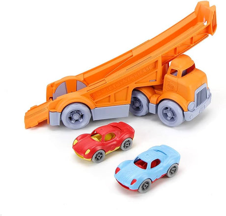 Racing Truck & Racers featuring an orange ramp truck and two colorful race car toys for imaginative play.