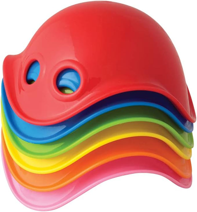 Stacked colorful mini bilibo plastic shells for open-ended play and motor skill development Bilibo Mini set of six