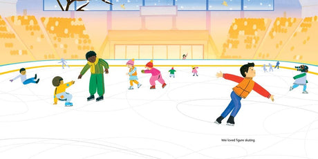 Wei Skates On cover illustration showing diverse children ice skating joyfully at an indoor rink with bright, warm lighting.
