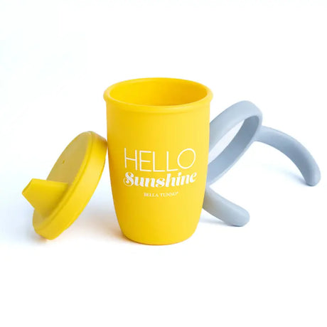 Happy Sippy Cup | Hello Sunshine, yellow silicone sippy cup with gray handle and spill-proof lid for toddlers.