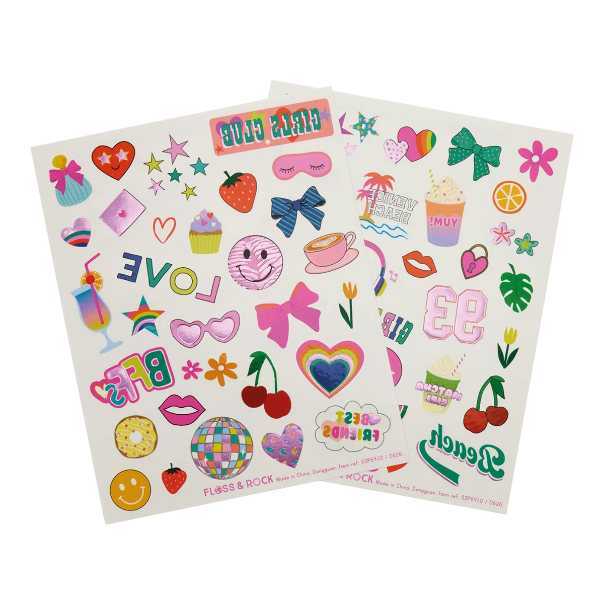 Fashion Friends Tattoos colorful temporary tattoo sheets featuring hearts bows fruit flowers and playful designs