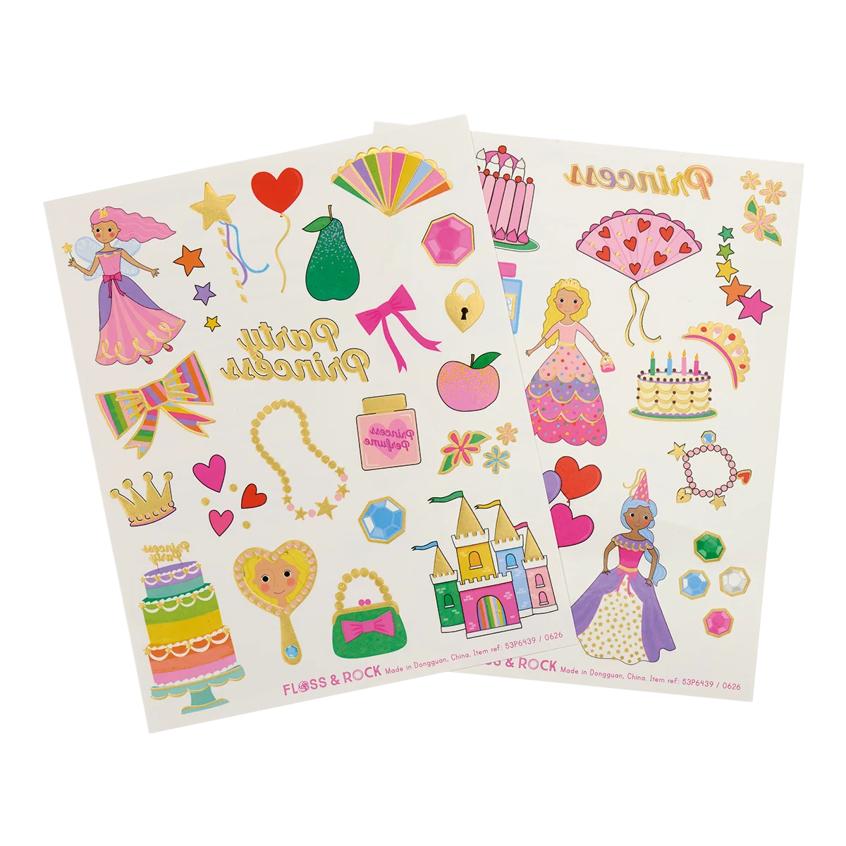 Princess Tattoos sheets featuring colorful princesses crowns castles hearts and enchanting fantasy designs