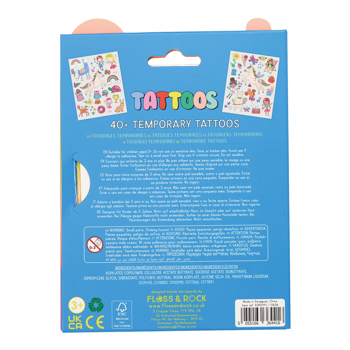 Rainbow Fairy Tattoos package showing colorful temporary tattoo designs and 40 plus tattoos