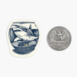 Illustration of a fierce shark trapped inside a small fishbowl sticker shown next to a quarter for size comparison