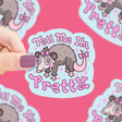 Hand holding a cute opossum sticker with pink bows and the words Tell Me I’m Pretty on a pink background