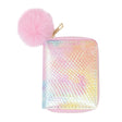 Shiny Tie Dye Mermaid Scale Wallet with pink pom pom and iridescent mermaid scale texture