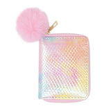 Shiny Tie Dye Mermaid Scale Wallet with pink pom pom and iridescent mermaid scale texture