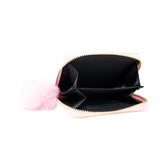 Shiny Tie Dye Mermaid Scale Wallet open with black interior and pink pom pom