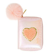 Shiny Heart Patch Wallet with pink finish, orange heart patch, and fluffy pink pom pom