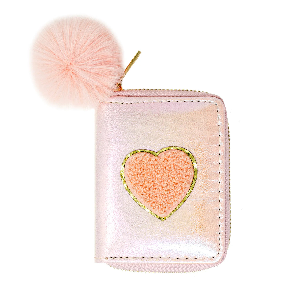 Shiny Heart Patch Wallet with pink finish, orange heart patch, and fluffy pink pom pom