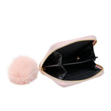 Shiny Heart Patch Wallet open pink wallet with fluffy pom pom and black interior