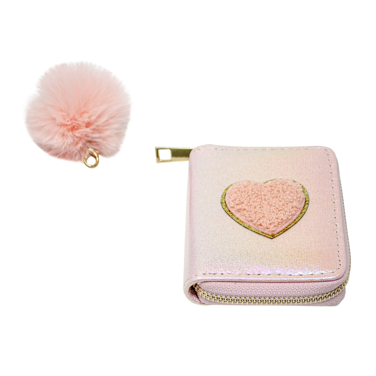 Shiny Heart Patch Wallet in pink with a fluffy pom pom charm