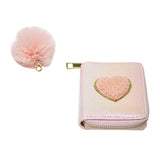 Shiny Heart Patch Wallet in pink with a fluffy pom pom charm