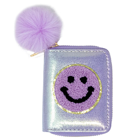 Shiny Happy Face Wallet with a lavender pom pom and smiling face design