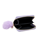 Shiny Happy Face Wallet open with a black interior and lavender pom pom zipper pull