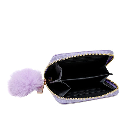 Shiny Happy Face Wallet open with a black interior and lavender pom pom zipper pull