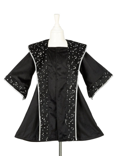 Black wizard coat with silver moon and star patterns, wide sleeves, and a pointed collar for children aged 4 to 8.