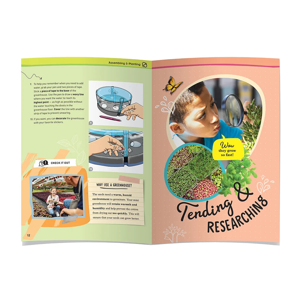 Hydroponics Lab educational booklet showing a child researching and tending growing plants