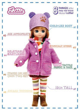 Lottie doll wearing purple coat and hat with striped leggings and brown boots standing with facts about Lottie around her
