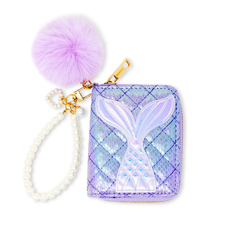 Mermaid Tail Pearl Quilted Wallet in lavender with pearl strap and fluffy pom pom